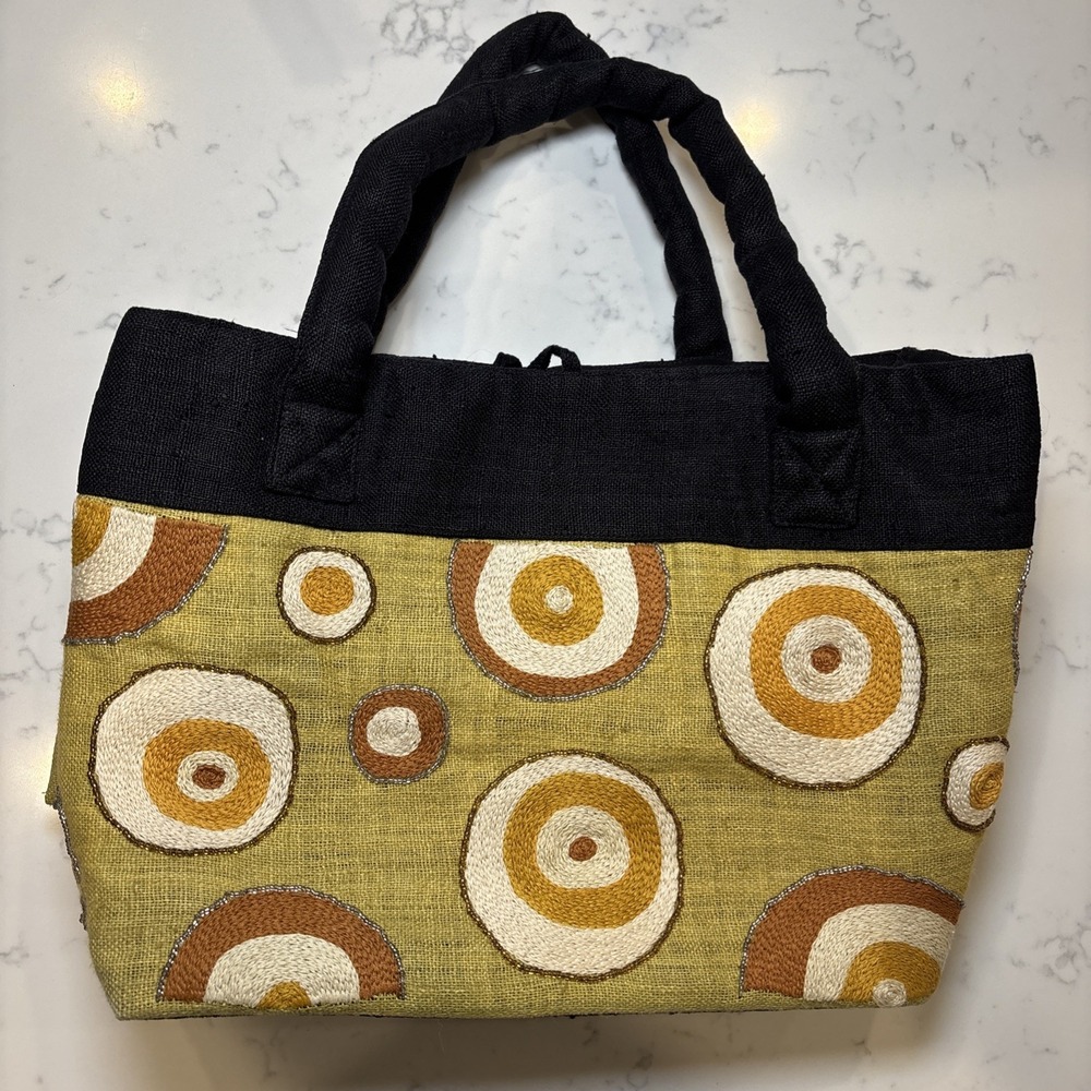 Hanoi Silk 100% Silk Purse Tote Bag Linenlook Embroidered Circles Earthy Colors